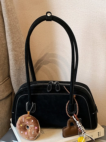 Vintage PU Leather Baguette Bag Contrast Stitching Suede Look Underarm Shoulder Bag Autumn Fashion Boston Handbag With Charms