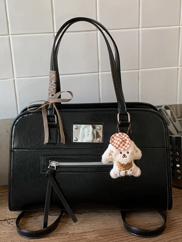 Sac à Épaule en Cuir PU Vintage pour Femmes Sac Cabas Rétro Avec Pendentif Chiot et Noeud Papillon Sac Quotidien