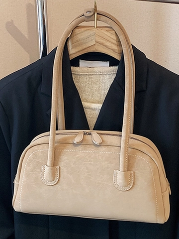 Vintage PU Leather Baguette Bag Contrast Stitching Suede Look Underarm Shoulder Bag Autumn Fashion Boston Handbag With Charms