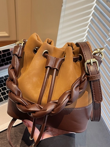 Women Urban Minimalist PU Leather Bucket Bag Contrast Color Splicing Drawstring Shoulder Bag Braided Handle Crossbody Bag