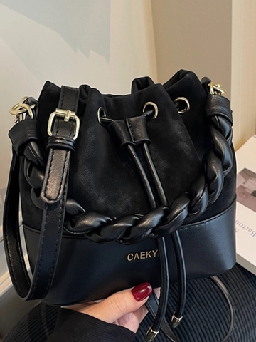 Women Urban Minimalist PU Leather Bucket Bag Contrast Color Splicing Drawstring Shoulder Bag Braided Handle Crossbody Bag