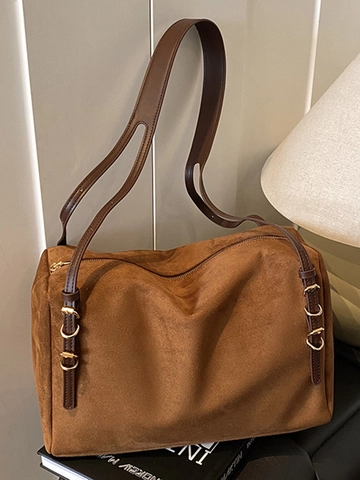 Women Suede Square Shoulder Bag Large Capacity Retro Maillard Style Stitching Minimalist Commuter Tote Handbag Zipper Bag