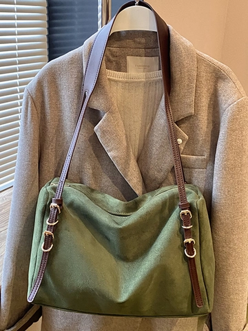 Women Suede Square Shoulder Bag Large Capacity Retro Maillard Style Stitching Minimalist Commuter Tote Handbag Zipper Bag