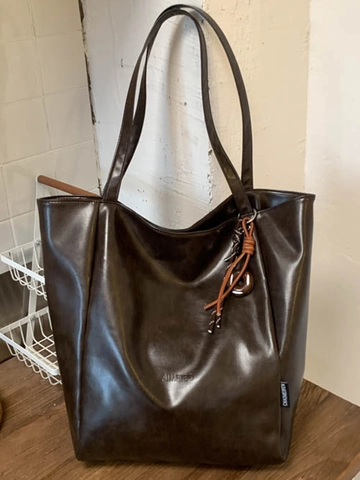Borsa Tote in Pelle PU di Grande Capacità da Donna Borsa a Spalla Minimalista Retrò Borsa Pendolare Autunnale Con Pendente