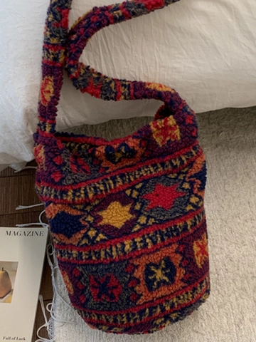 Sac Fourre-tout Décontracté en Peluche Grande Capacité pour Femmes Fausse Fourrure Motifs Géométriques Ethniques Léopard