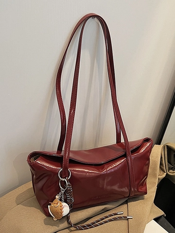 Bolso de Hombro de Cuero PU Brillante para Mujer Bolso de Axila Retro Minimalista Bolso Tote de Gran Capacidad con Colgante de Béisbol