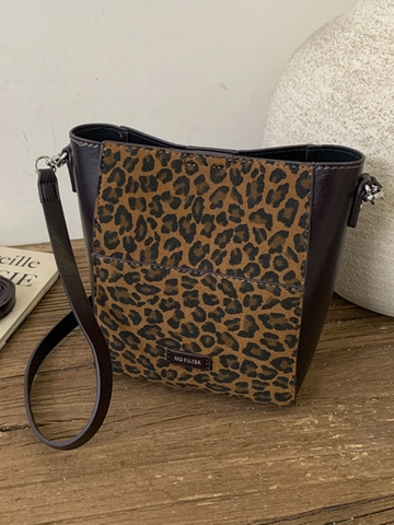 Fashion Retro Splicing PU Leather Bucket Bag For Women Vintage Patchwork Shoulder Crossbody Bag Leopard Small Square Handbag