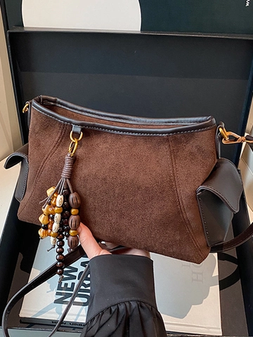 Women Vintage Bohemian PU Suede Texture Shoulder Bag Fashion Commuting Crossbody Bag Beaded Tassel Underarm Bag Square Satchel
