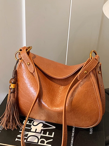 Women Fashion PU Leather Small Square Shoulder Bag Retro Minimalist Crossbody Bag With Tassel Pendant For Daily Commute