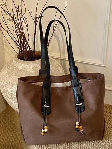Damen Veloursleder PU Tragetasche Vintage Große Kapazität Eimer Umhängetasche Minimalistisch Arbeitstasche Mit Holzperlen