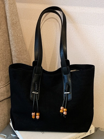 Damen Veloursleder PU Tragetasche Vintage Große Kapazität Eimer Umhängetasche Minimalistisch Arbeitstasche Mit Holzperlen