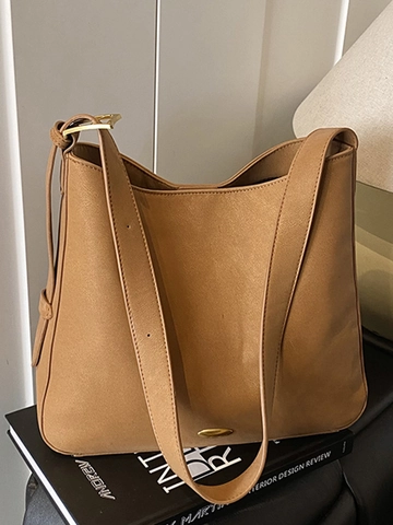 Minimalist Vintage PU Leather Bucket Bag For Women Large Capacity Shoulder Tote Bag Fashion Solid Color Commuter Handbag