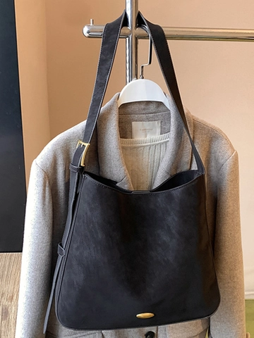 Minimalist Vintage PU Leather Bucket Bag For Women Large Capacity Shoulder Tote Bag Fashion Solid Color Commuter Handbag