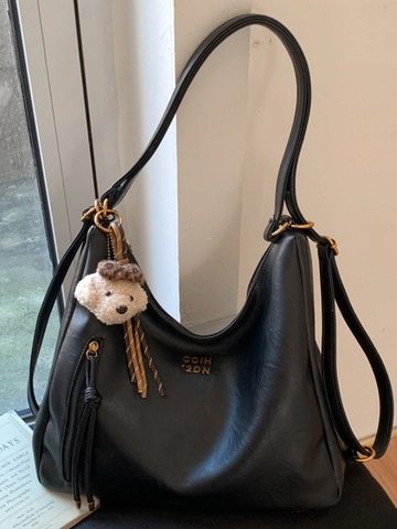 Women Large Capacity Retro PU Leather Tote Bag With Plush Bear Charm Minimalist Commuting Shoulder Bag Vintage Office Handbag