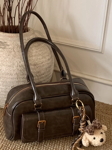 Borsa Bowling da Donna in Pelle PU Minimalista Urbana Grande Capacità Borsa a Tracolla Retro Boston Con Ciondolo in Peluche