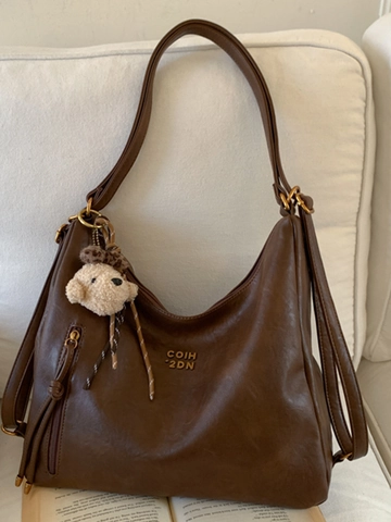 Women Large Capacity Retro PU Leather Tote Bag With Plush Bear Charm Minimalist Commuting Shoulder Bag Vintage Office Handbag