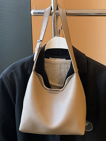 Bolso de Cubo para Mujer de Cuero PU con Patrón de Lichi Bolso de Hombro Minimalista Urbano Correa Ajustable