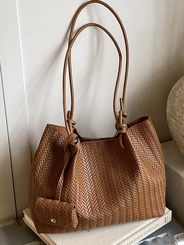 Women Large Capacity Woven Tote Bag Urban Minimalist PU Leather Shoulder Bag With Matching Pouch Korean Fashion Handbag
