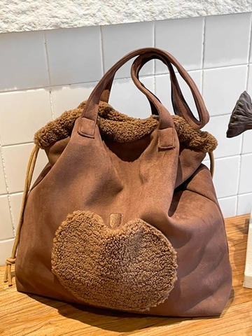 Borsa a Tracolla da Donna in Velluto Scamosciato Retrò Grande Capacità Carina Patchwork in Lana di Agnello Cuore Mela Tote Bag Coulisse