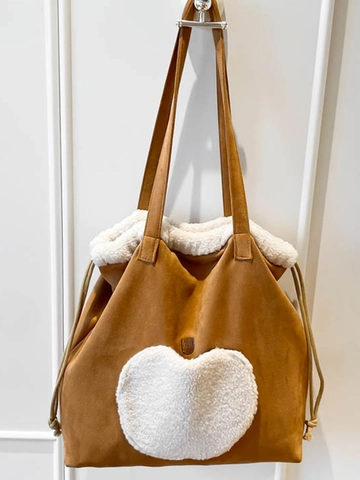 Borsa a Tracolla da Donna in Velluto Scamosciato Retrò Grande Capacità Carina Patchwork in Lana di Agnello Cuore Mela Tote Bag Coulisse