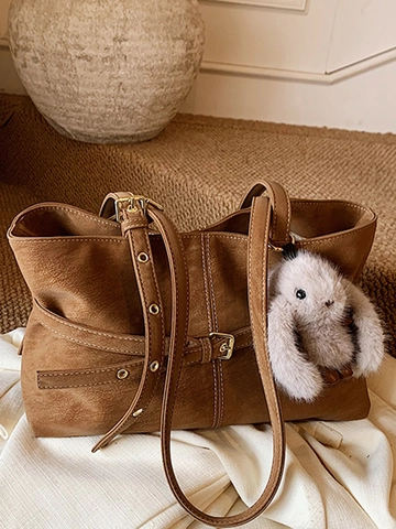 Bolso Tote de Mujer PU Esmerilado Aspecto Gamuza Gran Capacidad Minimalista Urbano Bolso de Hombro Con Colgante de Felpa