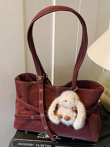 Bolso Tote de Mujer PU Esmerilado Aspecto Gamuza Gran Capacidad Minimalista Urbano Bolso de Hombro Con Colgante de Felpa