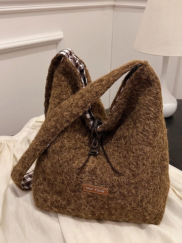 Borsa a Spalla Vintage in Lana Peluche Grande Capacità Borsa a Tracolla da Donna Stile Coreano Morbida Autunno Inverno Tote