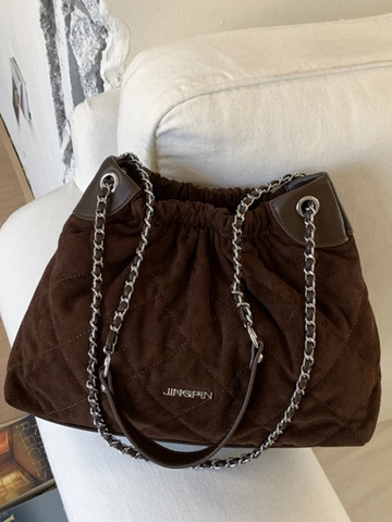 Borsa a Spalla da Donna alla Moda di Grande Capacità con Catena Trapuntata in Pelle PU Borsa a Secchiello a Tracolla Versatile Retro