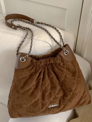 Borsa a Spalla da Donna alla Moda di Grande Capacità con Catena Trapuntata in Pelle PU Borsa a Secchiello a Tracolla Versatile Retro