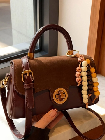 Bolso de Mano Cuadrado Pequeño de Cuero PU con Empalme Retro para Mujer Bolso de Hombro Elegante para Viaje Diario con Cuentas de Madera
