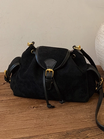 Women Retro Suede Texture PU Leather Shoulder Bag Large Capacity Underarm Bag Minimalist Drawstring Contrast Color Handbag