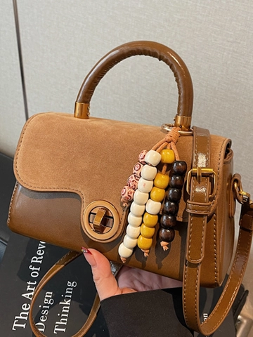 Bolso de Mano Cuadrado Pequeño de Cuero PU con Empalme Retro para Mujer Bolso de Hombro Elegante para Viaje Diario con Cuentas de Madera