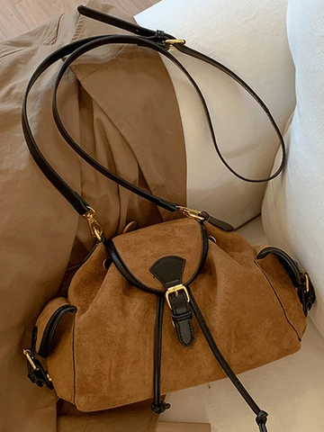 Women Retro Suede Texture PU Leather Shoulder Bag Large Capacity Underarm Bag Minimalist Drawstring Contrast Color Handbag