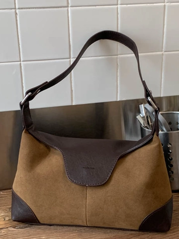Retro Schoudertas voor Dames in PU Suède Textuur Minimalistische Patchwork Okseltas Elegante Luipaard Bruine Handtas