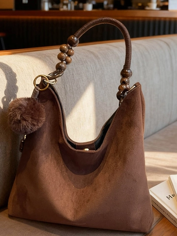 Borsa Hobo in PU Effetto Camoscio Vintage per Donna Tracolla con Perle di Legno Borsa a Spalla Grande Capacità Tote Bag con Sfera Peluche