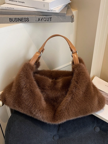 Women Casual Plush Shoulder Bag Korean Ins Style Fashion Furry Tote Bag Solid Color Large Capacity Soft Polyester Lining Zipper Hobo Bag