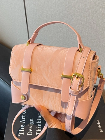 Sac Bandoulière Femme en Cuir PU Mode Texture Froissée Minimaliste Petit Sac Carré Messager Avec Poignée Quincaillerie Dorée