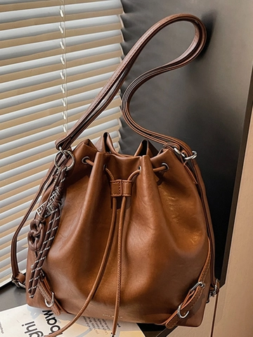 Retro Fashion PU Leather Bucket Bag For Women Minimalist Drawstring Shoulder Bag With Pendant Solid Color Casual Handbag