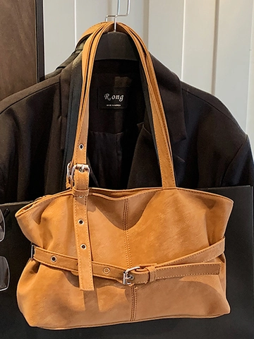 Vintage Mat PU Leer Grote Capaciteit Tote Bag Voor Vrouwen Retro Casual Schoudertas Met Gesp Decor Woon-werkverkeer Tas