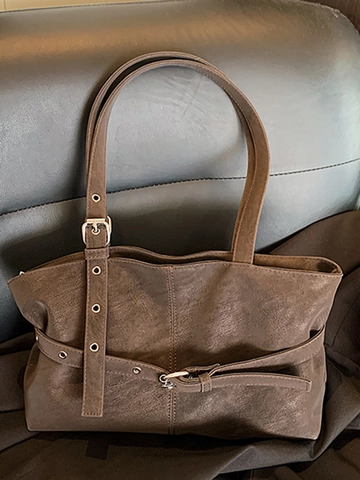 Vintage Mat PU Leer Grote Capaciteit Tote Bag Voor Vrouwen Retro Casual Schoudertas Met Gesp Decor Woon-werkverkeer Tas