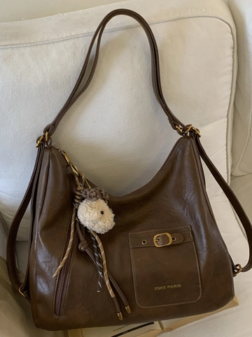 Women Fashion Large Capacity PU Leather Shoulder Bag Urban Minimalist Tote Bag Retro Casual Hobo Bag With Plush Bear Charm