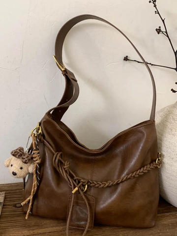 Women Large Capacity PU Leather Shoulder Bag Retro Hobo Tote Bag With Plush Bear Charm Woven Strap Korean Casual Daily Office Handbag