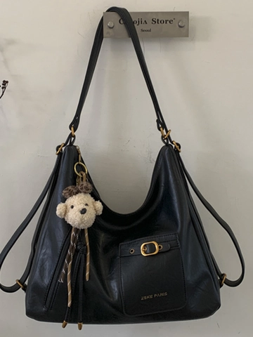 Women Fashion Large Capacity PU Leather Shoulder Bag Urban Minimalist Tote Bag Retro Casual Hobo Bag With Plush Bear Charm