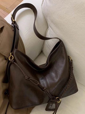 Women Large Capacity PU Leather Shoulder Bag Retro Hobo Tote Bag With Plush Bear Charm Woven Strap Korean Casual Daily Office Handbag