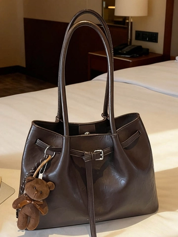 Vintage Koreanischer Stil Große Kapazität PU Leder Tote Bag Für Damen Minimalistische Umhängetasche Mit Bärenanhänger Mode Handtasche