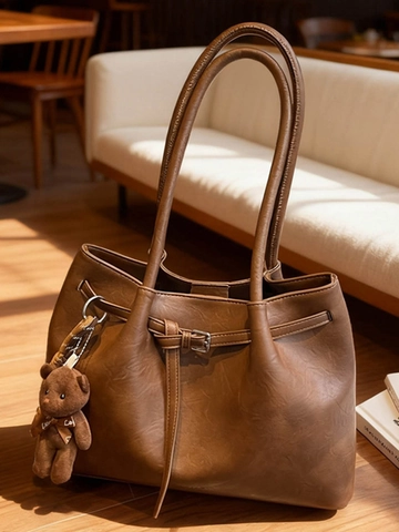 Vintage Koreanischer Stil Große Kapazität PU Leder Tote Bag Für Damen Minimalistische Umhängetasche Mit Bärenanhänger Mode Handtasche