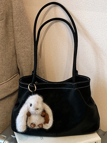 Women Large Capacity PU Leather Tote Bag With Contrast Topstitching And Plush Rabbit Pendant Retro Commuter Shoulder Bag