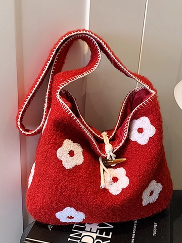 Borsa Tote in Peluche con Ricamo Floreale Stile Foresta Artistico Invernale Grande Capacità Borsa a Spalla con Bottone in Corno