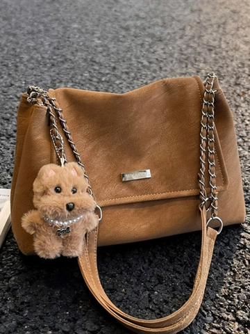 Vintage High Capacity Women PU Shoulder Bag Fashion Chain Commuting Underarm Bag With Plush Pendant Frosted Texture Tote Bag