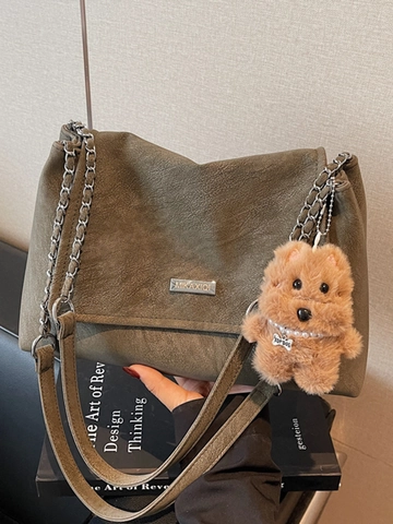 Vintage High Capacity Women PU Shoulder Bag Fashion Chain Commuting Underarm Bag With Plush Pendant Frosted Texture Tote Bag